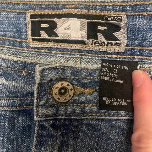 Y2K R4R Rave Jeans Blue Denim Mini Skirt Embroidered Distressed sz 3 - Picture 2 of 10